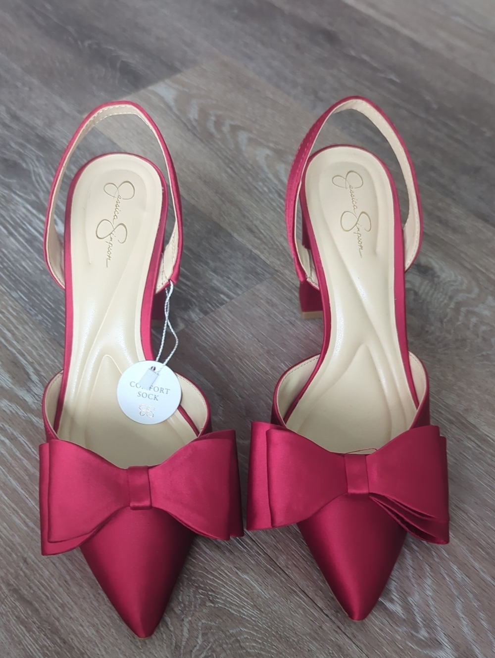 Jessica Simpson Red Satin Pointed-Toe Slingback Heels with Bow